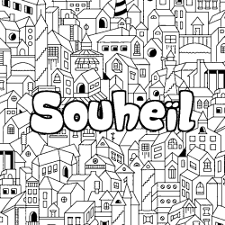 Coloriage prénom Souheïl - décor Ville