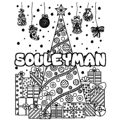 Coloriage pr&eacute;nom SOULEYMAN - d&eacute;cor Sapin et Cadeaux