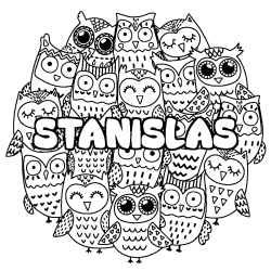 Coloriage prénom STANISLAS - décor Chouettes
