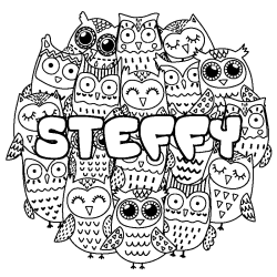 Coloriage pr&eacute;nom STEFFY - d&eacute;cor Chouettes