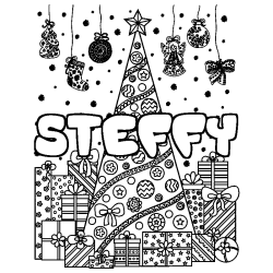 Coloriage pr&eacute;nom STEFFY - d&eacute;cor Sapin et Cadeaux