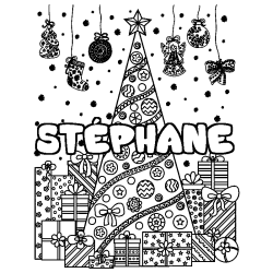Coloriage prénom STÉPHANE - décor Sapin et Cadeaux