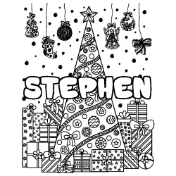 Coloriage prénom STEPHEN - décor Sapin et Cadeaux