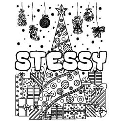 Coloriage pr&eacute;nom STESSY - d&eacute;cor Sapin et Cadeaux