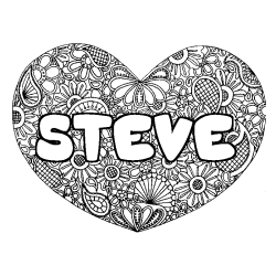 Coloriage pr&eacute;nom STEVE - d&eacute;cor Mandala coeur