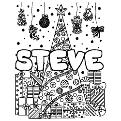 Coloriage pr&eacute;nom STEVE - d&eacute;cor Sapin et Cadeaux