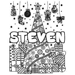 Coloriage pr&eacute;nom STEVEN - d&eacute;cor Sapin et Cadeaux
