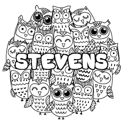 Coloriage pr&eacute;nom STEVENS - d&eacute;cor Chouettes