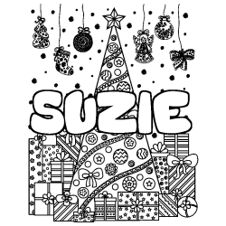 Coloriage prénom SUZIE - décor Sapin et Cadeaux