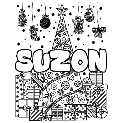 Coloriage prénom SUZON - décor Sapin et Cadeaux