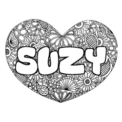 Coloriage prénom SUZY - décor Mandala coeur