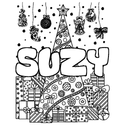 Coloriage prénom SUZY - décor Sapin et Cadeaux