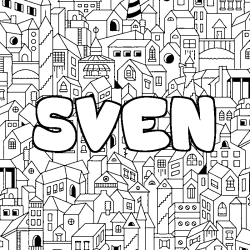 Coloriage pr&eacute;nom SVEN - d&eacute;cor Ville