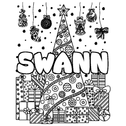 Coloriage pr&eacute;nom SWANN - d&eacute;cor Sapin et Cadeaux