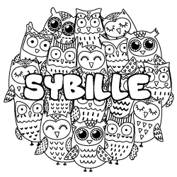 Coloriage pr&eacute;nom SYBILLE - d&eacute;cor Chouettes
