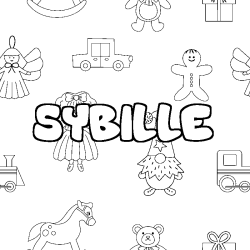 Coloriage pr&eacute;nom SYBILLE - d&eacute;cor Jouets