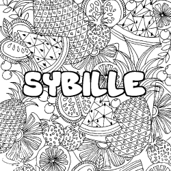 Coloriage pr&eacute;nom SYBILLE - d&eacute;cor Mandala fruits