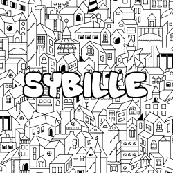 Coloriage pr&eacute;nom SYBILLE - d&eacute;cor Ville