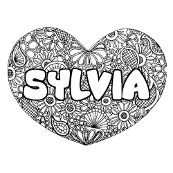 Coloriage pr&eacute;nom SYLVIA - d&eacute;cor Mandala coeur