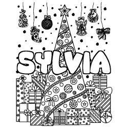 Coloriage pr&eacute;nom SYLVIA - d&eacute;cor Sapin et Cadeaux