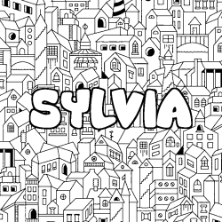 Coloriage pr&eacute;nom SYLVIA - d&eacute;cor Ville