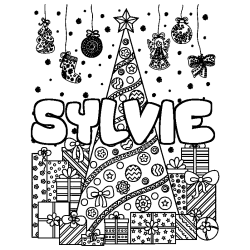 Coloriage SYLVIE - d&eacute;cor Sapin et Cadeaux