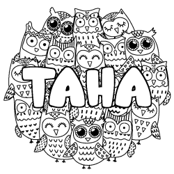 Coloriage prénom TAHA - décor Chouettes