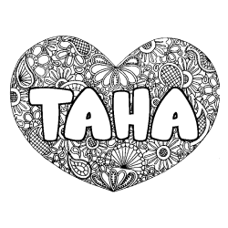 Coloriage pr&eacute;nom TAHA - d&eacute;cor Mandala coeur