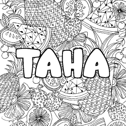 Coloriage prénom TAHA - décor Mandala fruits