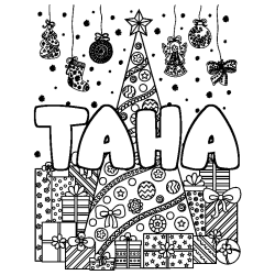 Coloriage pr&eacute;nom TAHA - d&eacute;cor Sapin et Cadeaux