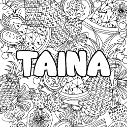 Coloriage pr&eacute;nom TAINA - d&eacute;cor Mandala fruits