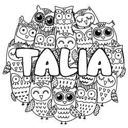 Coloriage pr&eacute;nom TALIA - d&eacute;cor Chouettes