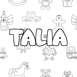Coloriage prénom TALIA - décor Jouets