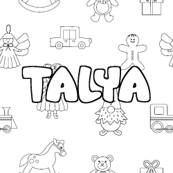 Coloriage prénom TALYA - décor Jouets