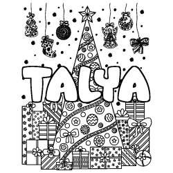 Coloriage prénom TALYA - décor Sapin et Cadeaux