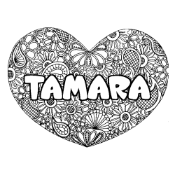 Coloriage pr&eacute;nom TAMARA - d&eacute;cor Mandala coeur