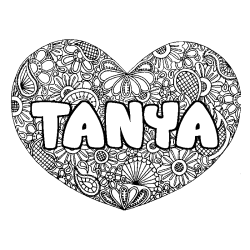 Coloriage prénom TANYA - décor Mandala coeur