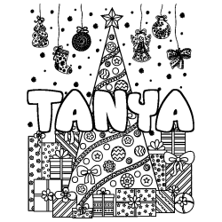 Coloriage pr&eacute;nom TANYA - d&eacute;cor Sapin et Cadeaux
