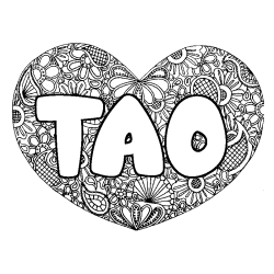 Coloriage pr&eacute;nom TAO - d&eacute;cor Mandala coeur