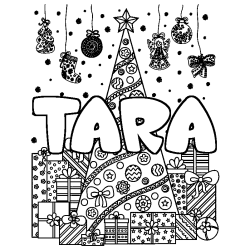 Coloriage pr&eacute;nom TARA - d&eacute;cor Sapin et Cadeaux