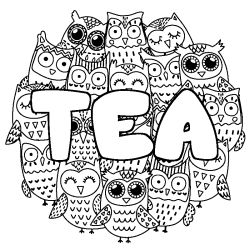 Coloriage pr&eacute;nom TEA - d&eacute;cor Chouettes