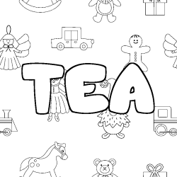 Coloriage pr&eacute;nom TEA - d&eacute;cor Jouets
