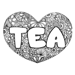 Coloriage pr&eacute;nom TEA - d&eacute;cor Mandala coeur