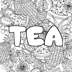 Coloriage pr&eacute;nom TEA - d&eacute;cor Mandala fruits