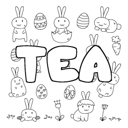 Coloriage pr&eacute;nom TEA - d&eacute;cor Paques