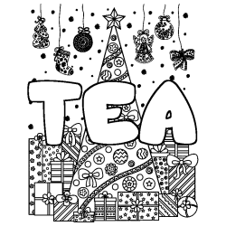Coloriage prénom TEA - décor Sapin et Cadeaux