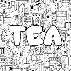 Coloriage pr&eacute;nom TEA - d&eacute;cor Ville