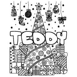 Coloriage prénom TEDDY - décor Sapin et Cadeaux