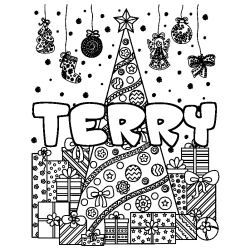 Coloriage prénom TERRY - décor Sapin et Cadeaux