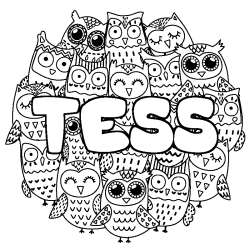 Coloriage pr&eacute;nom TESS - d&eacute;cor Chouettes
